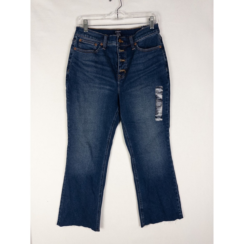 NWT J.Crew High Rise Flare Crop Jeans Womens 29P Blue Button Fly Dark Wash Faded
